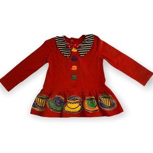 Buster Brown Girls Red Dress Size 5 Tea Cups Bow Long Sleeve USA